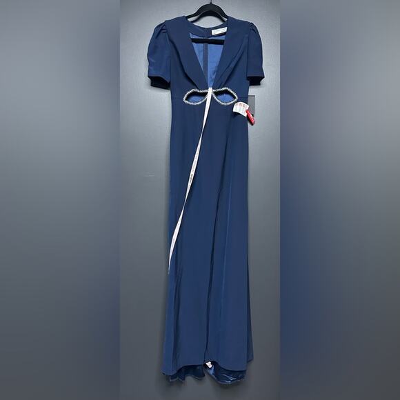 NWT Mac Duggal 2630 Plunge Neck Puff Sleeve Cut Out Gown Navy 4 - Picture 3 of 7